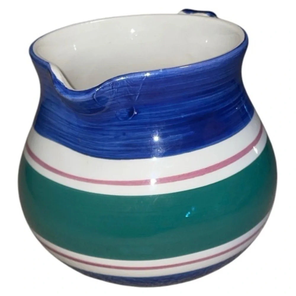 Furio Vintage Striped Art Pottery Pitcher‎ Made in Italy Blue Green